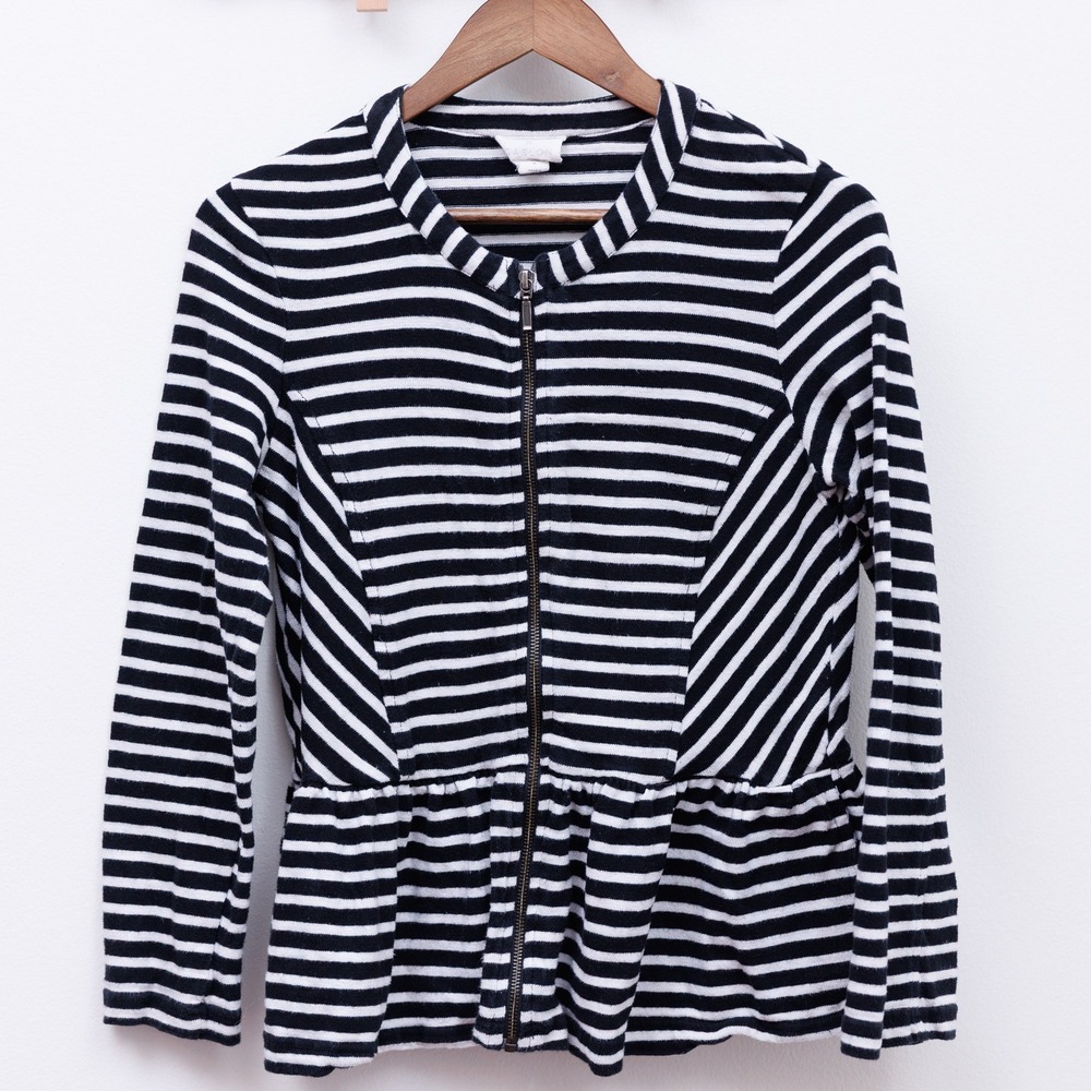 Caslon Womens Petite Medium Black White Striped Zip Front Peplum Cotton Jacket